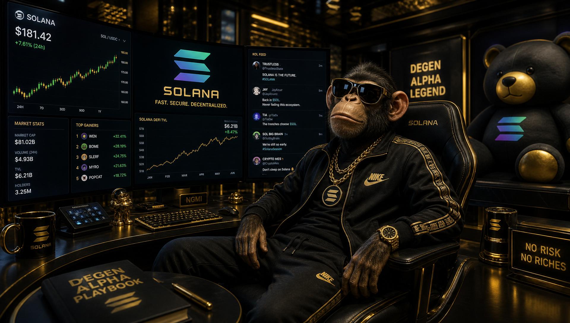 THE MAN at the alpha command desk — Solana charts, KOL feeds and degen luxury